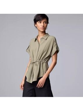 Simply Vera by Vera Wang Olive Drawstring Waist Short-Sleeve Shirt
